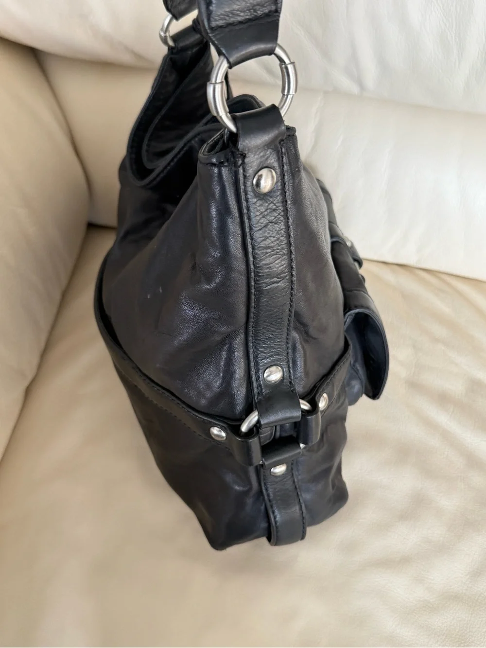 Michael Kors Black Leather Shoulder Bag with MK Logo Charm